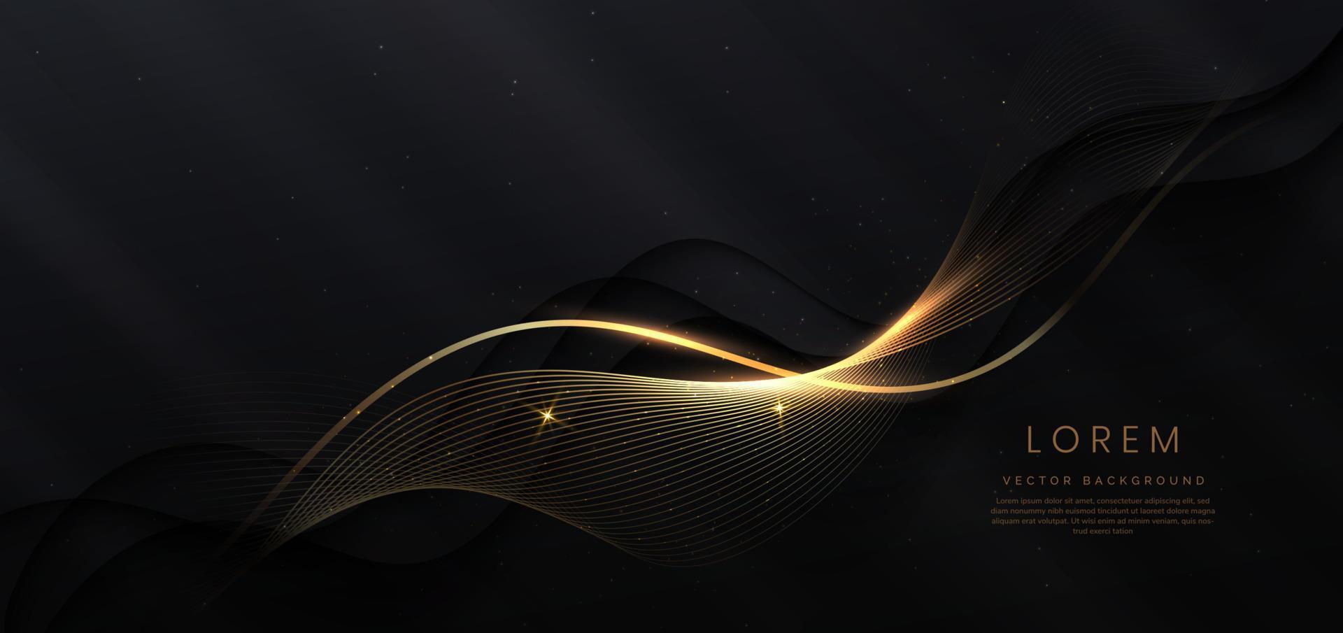 Luxury curve golden lines on black background with lighting effect copy space for text. vector