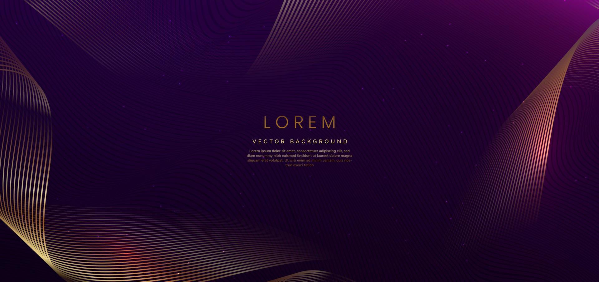 Luxury golden lines wave on dark purple background with lighting effect sparkle. Template premium award design. vector