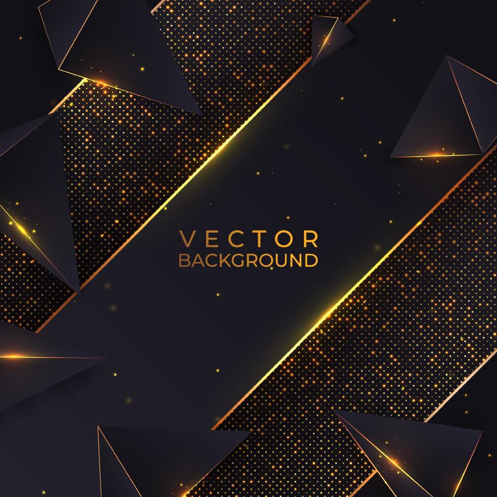 Golden particle shining and triangle on dark background. Glowing golden background. Stippling texture. vector