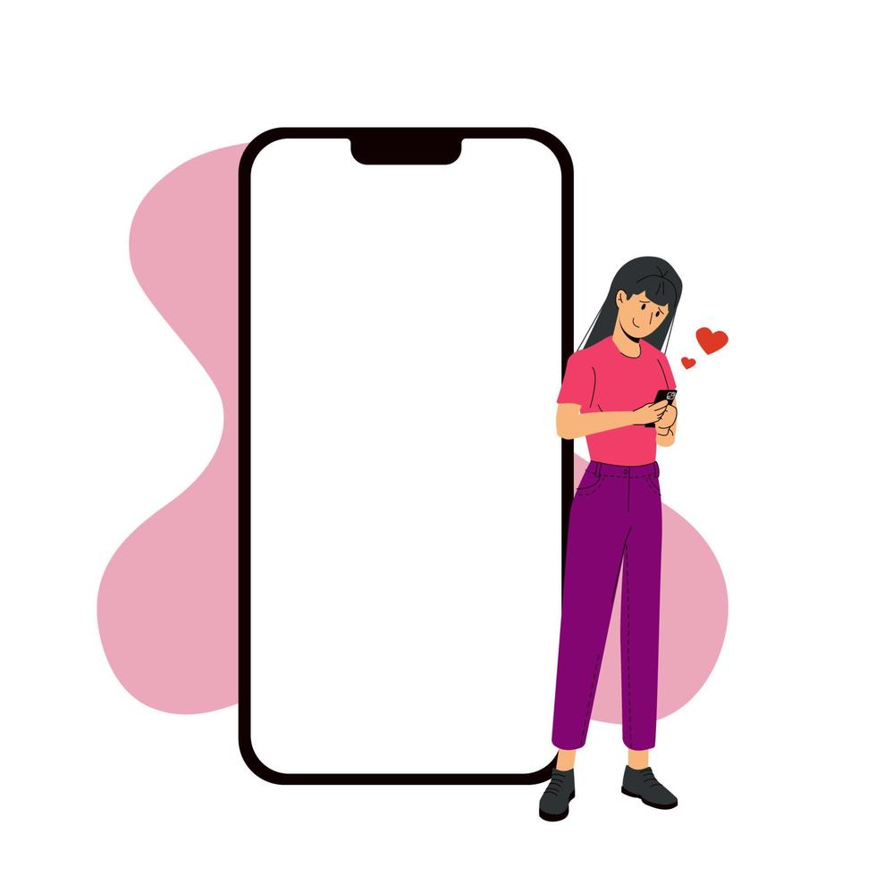 Iphone 14 pro screen template next to a woman in love. Vector modern