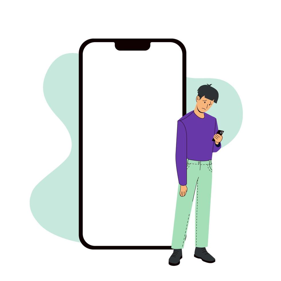 plantilla de pantalla de iphone 14 pro junto a un hombre triste. vector moderno