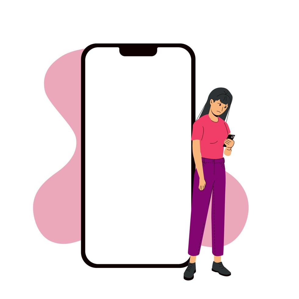 Iphone 14 pro screen template next to a sad woman. Vector modern