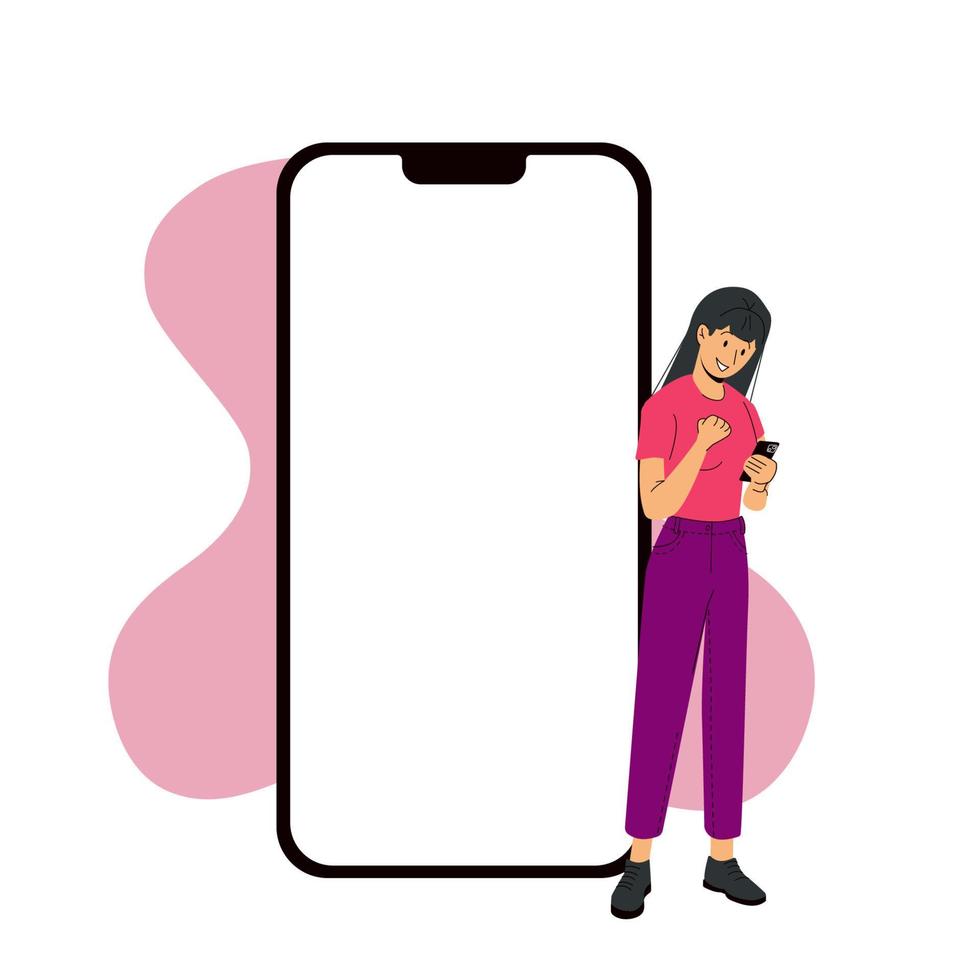 Iphone 14 pro screen template next to a joyful woman. Vector modern