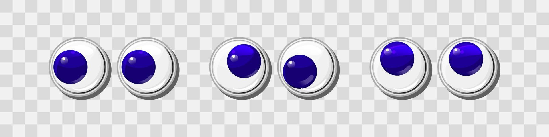 Blue funny plastic eyes for toys, puppet and dolls character vector set . Round  eyeballs. Cartoon design craft and sewing design elements.