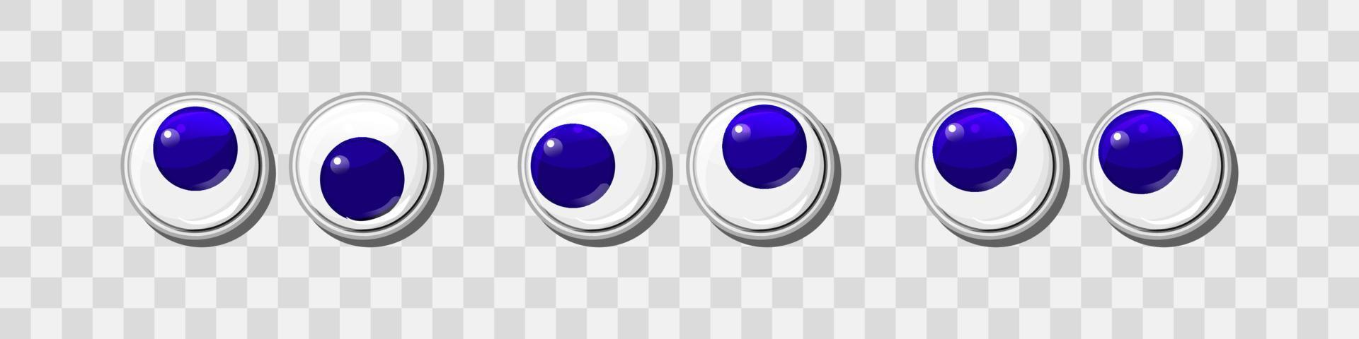 ojos de plástico divertidos azules para juguetes, títeres y muñecas juego de vectores de caracteres. globos oculares redondos. dibujos animados diseño artesanal y elementos de diseño de costura.