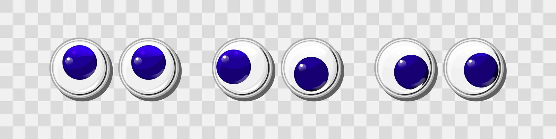 ojos de plástico divertidos azules para juguetes, títeres y muñecas juego de vectores de caracteres. globos oculares redondos. dibujos animados diseño artesanal y elementos de diseño de costura.