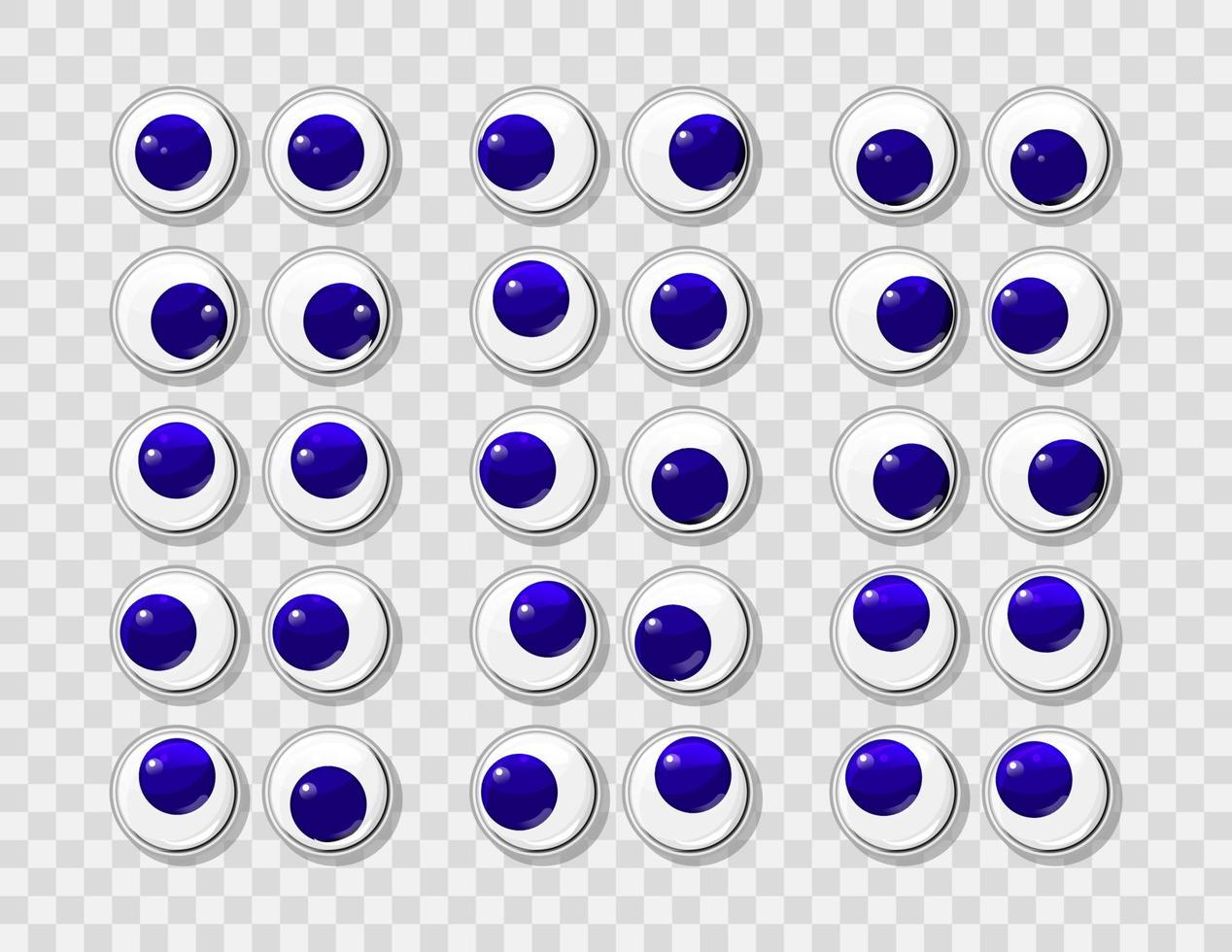 Ojos de plástico divertidos azules para juguetes, marionetas y muñecas.  conjunto de vectores grandes de globos oculares redondos y coloridos.  dibujos animados diseño artesanal y elementos de diseño de costura.  13338026 Vector