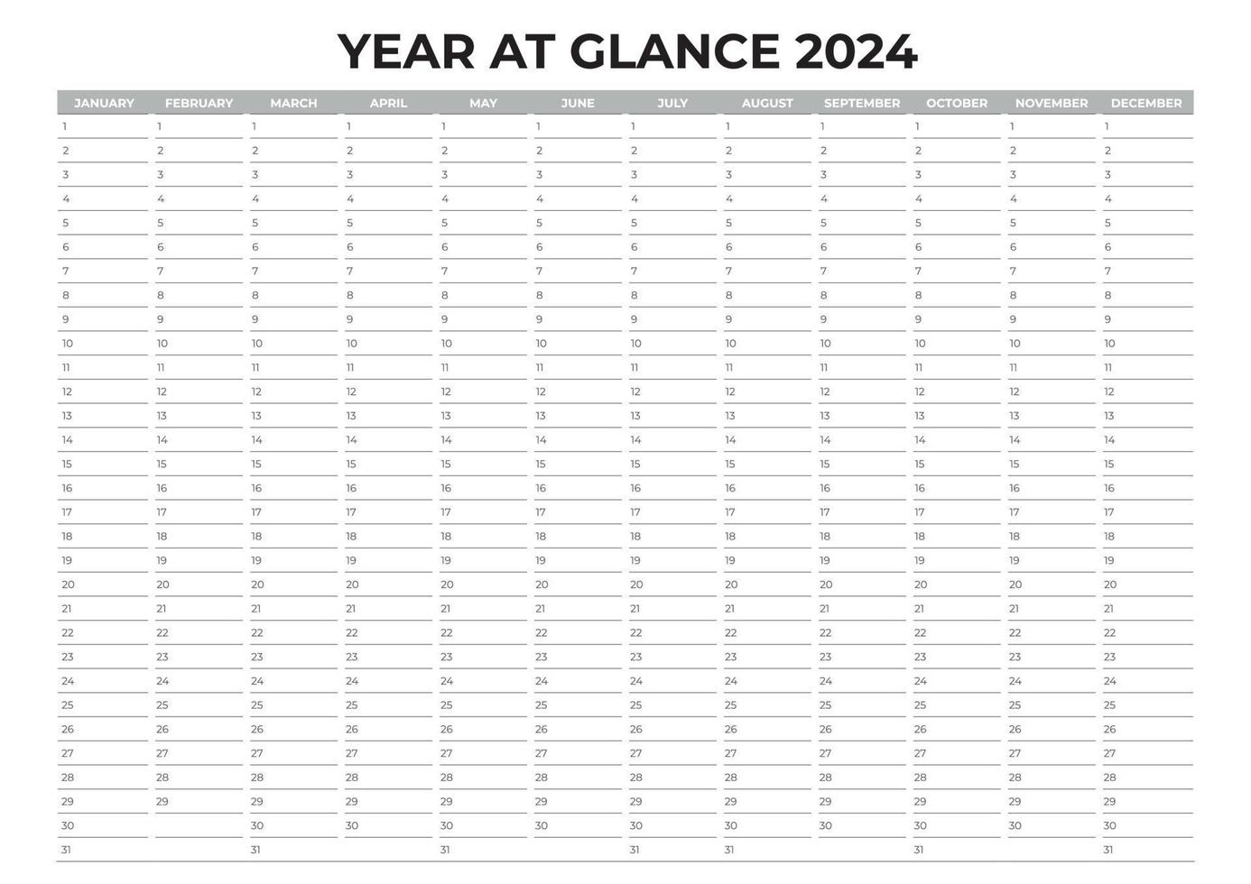 simple year at glance 2024, yearly plan vector