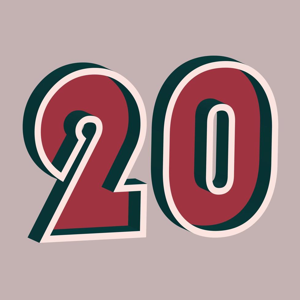 Vector number 20 with 3D effect in retro style. Well red and Deep Teal colors