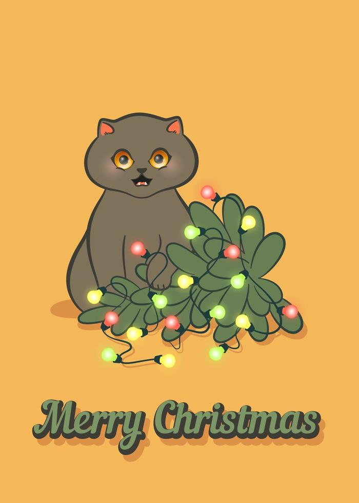 Merry Christmas greeting card with a cute cat. Funny cat dropped the Christmas tree. Vector illustration. Christmas cat. Cute kitten. Happy xmas pets greeting card.