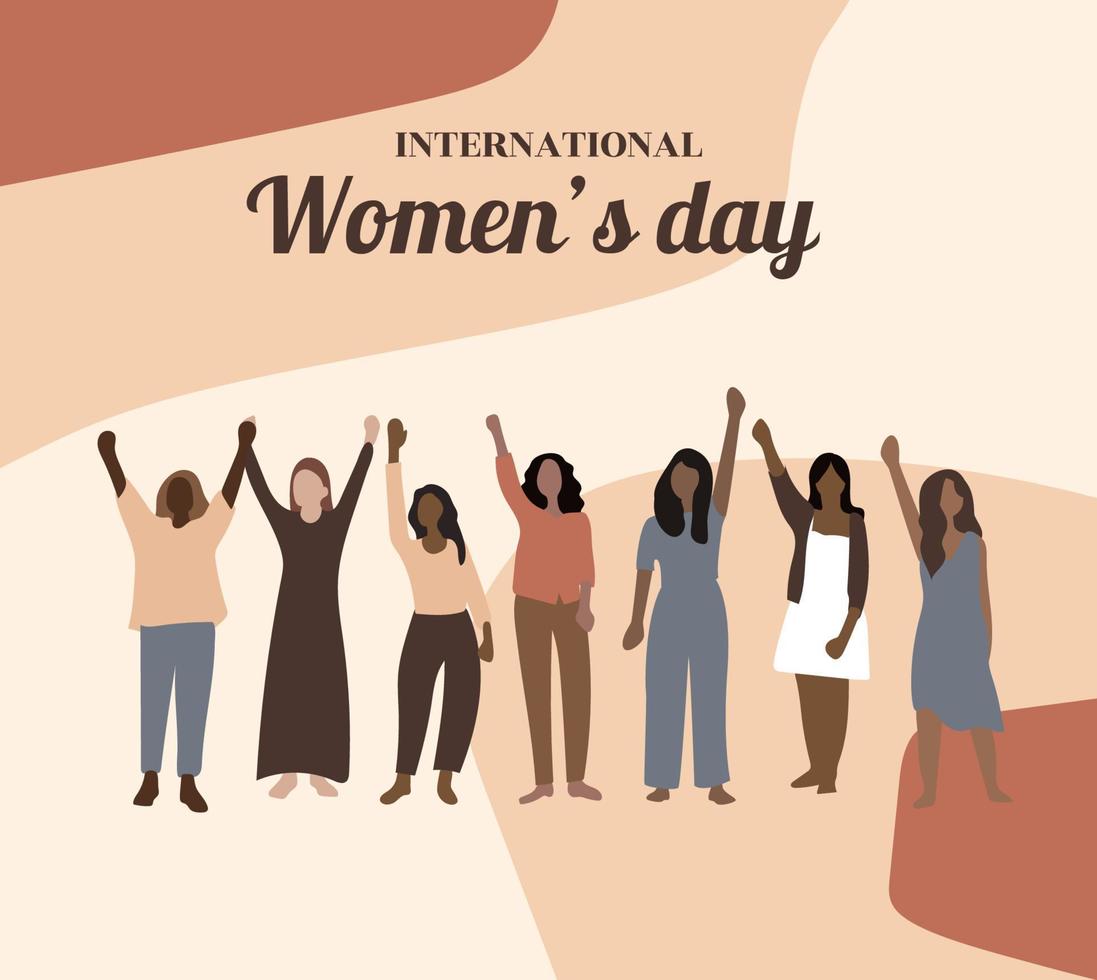 feliz día de la mujer estilo plano. mujeres diversas que se unen por el feminismo, la libertad, la independencia, el empoderamiento, los derechos de las mujeres, la igualdad. tarjeta de felicitación, afiche, pancarta en estilo plano. vector