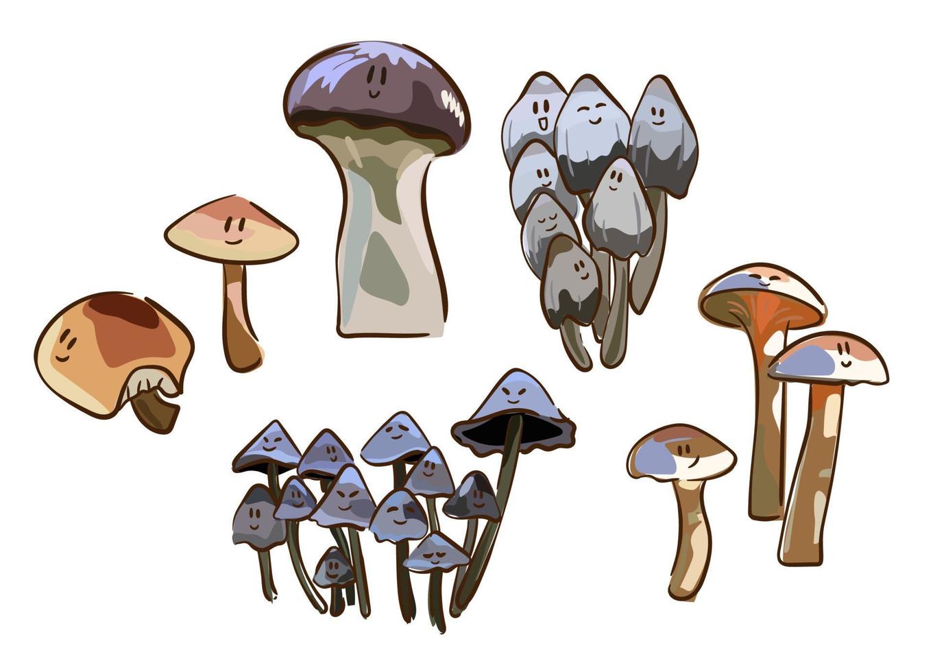 setas de dibujos animados. hongo venenoso y comestible, chanterelle, cep, amanita y trufa conjunto de ilustraciones vectoriales aisladas. Tipos de hongos silvestres del bosque. vector