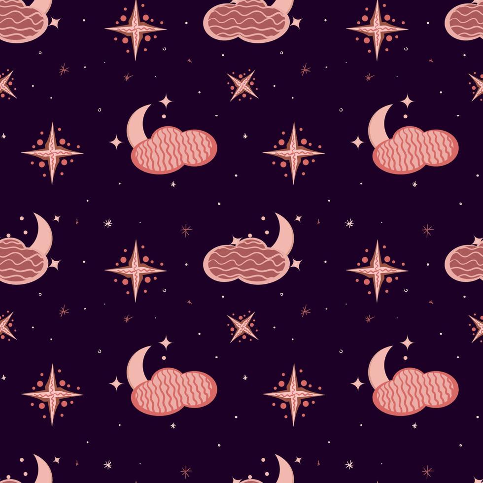 Hygge background. Hygge Autumn and winter pattern. Cute and cozy vector seamless pattern. Illustration of moon, clouds, rainbow and stars.