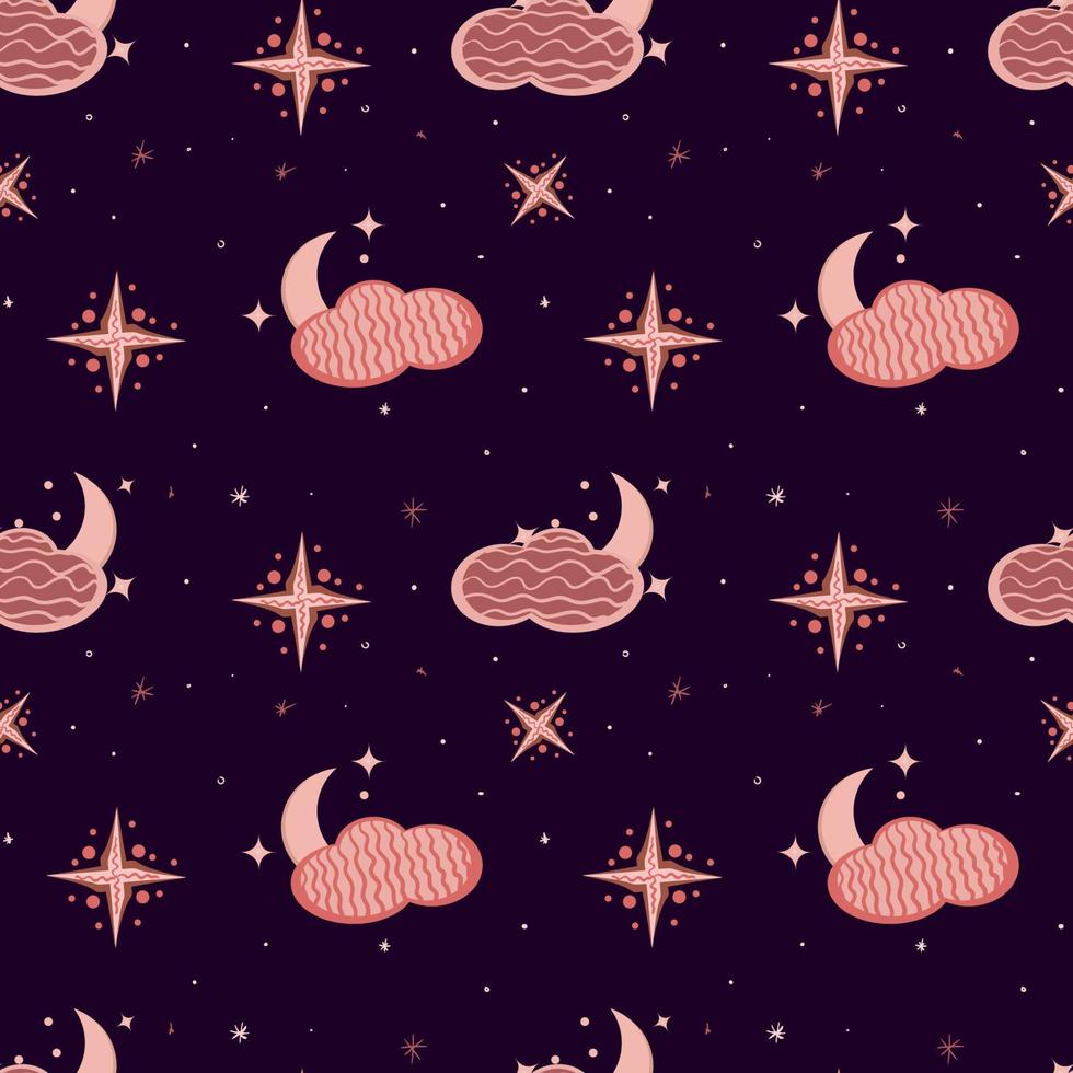 fondo de higiene. Patrón hygge de otoño e invierno. patrón transparente de vector lindo y acogedor. ilustración de luna, nubes, arco iris y estrellas.