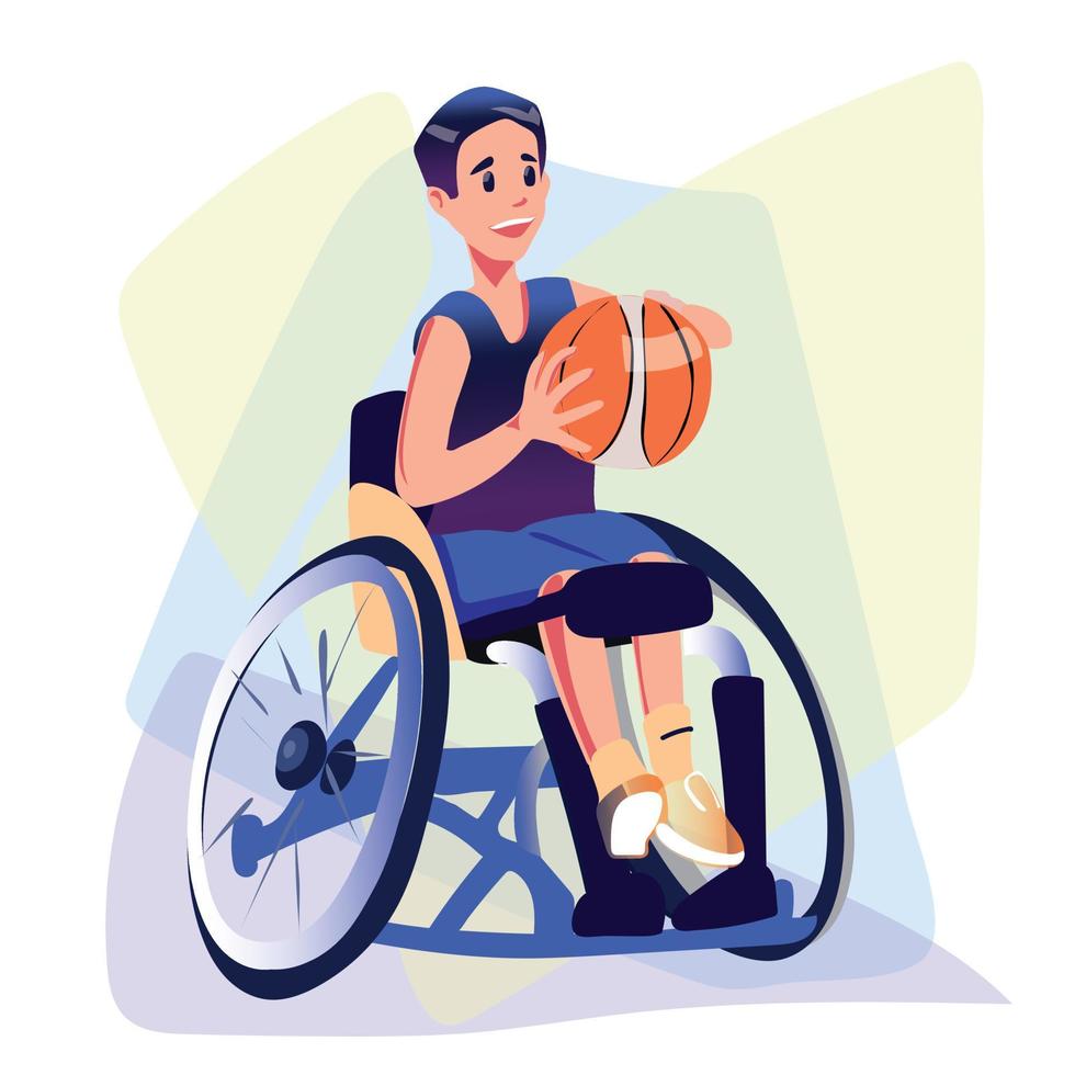 hombre en silla de ruedas juega baloncesto. actividad física, rehabilitación para personas con discapacidad física o enfermedades del sistema musculoesquelético. deporte adaptado en silla de ruedas vector