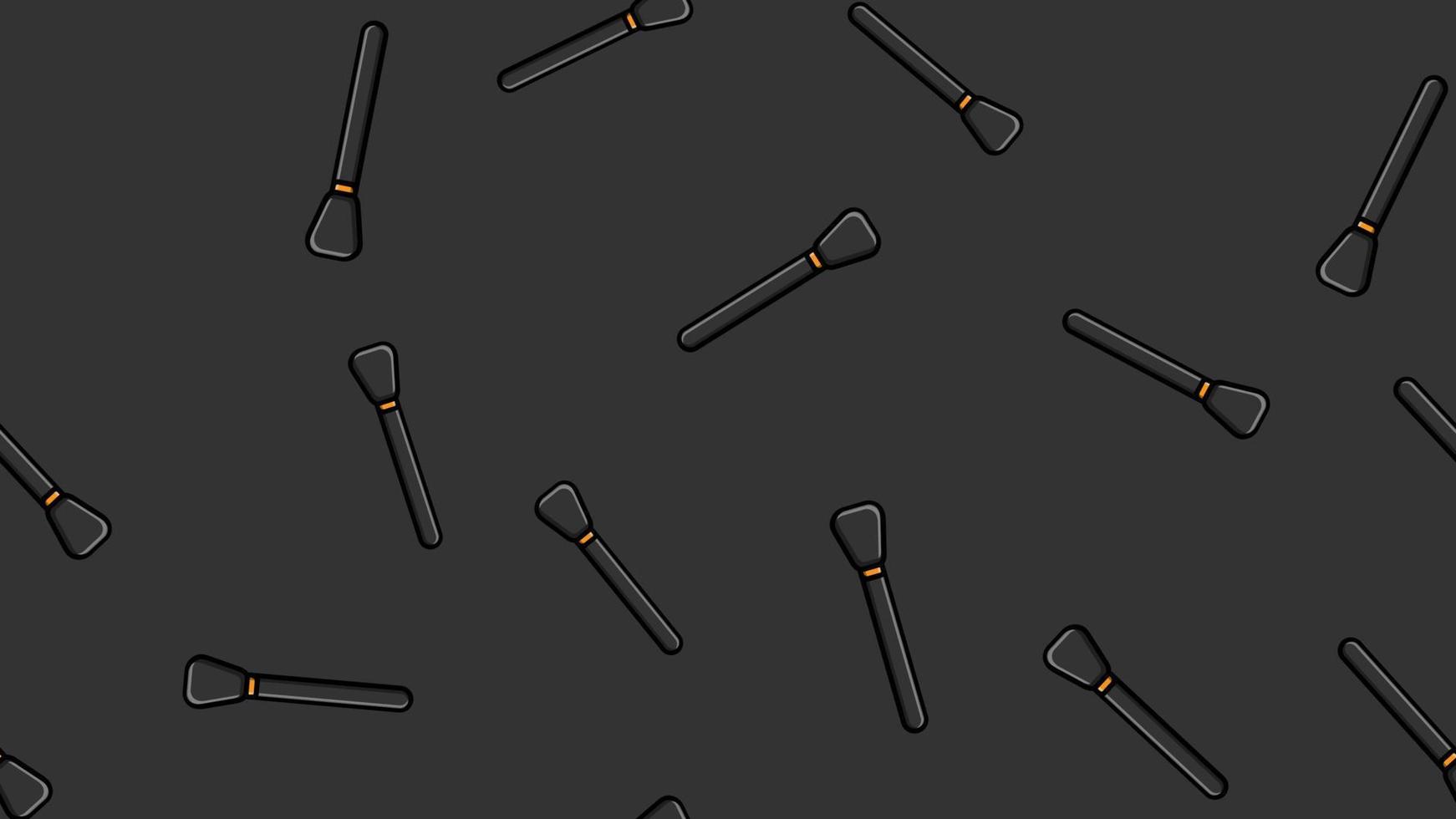 Endless seamless pattern of beautiful black beauty cosmetic items of eyebrow brushes and eyes for makeup and applying ears and powder on a black background. Vector illustration