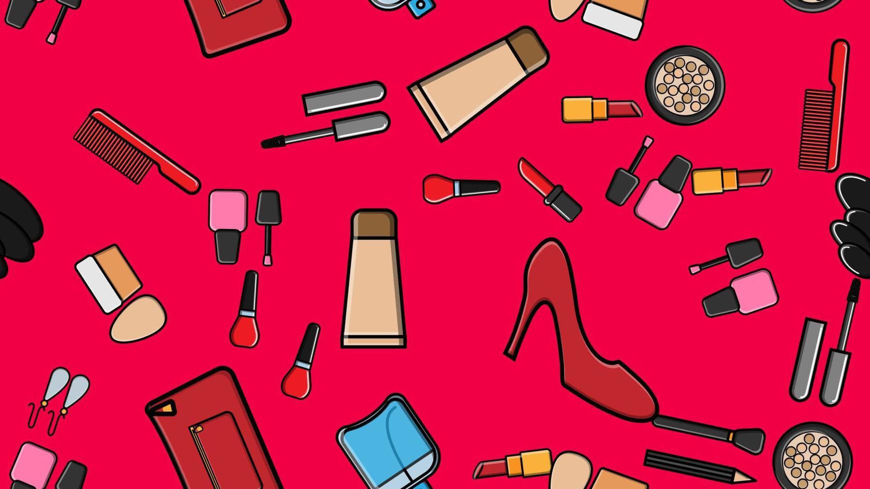 Endless seamless pattern of beautiful beauty items of female glamorous fashionable powders, lipsticks, varnishes, creams, cosmetics on a pink background. Vector illustration