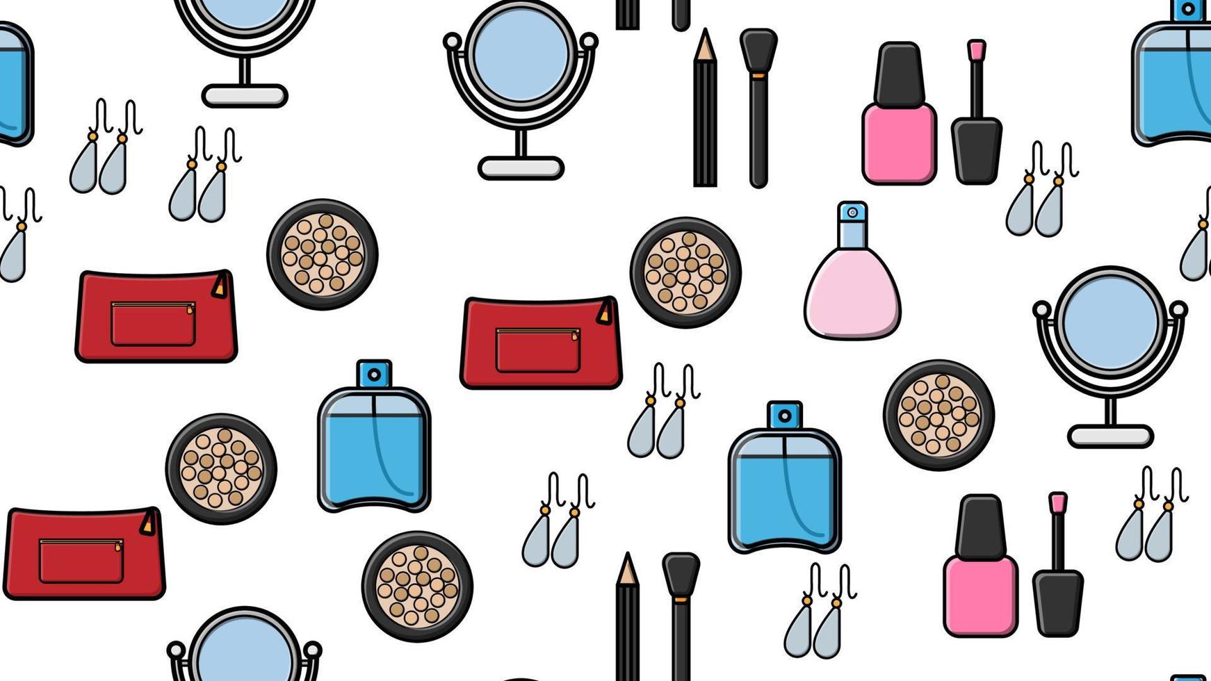 Endless seamless pattern of beautiful beauty items of female glamorous fashionable powders, lipsticks, varnishes, creams, cosmetics on a white background. Vector illustration