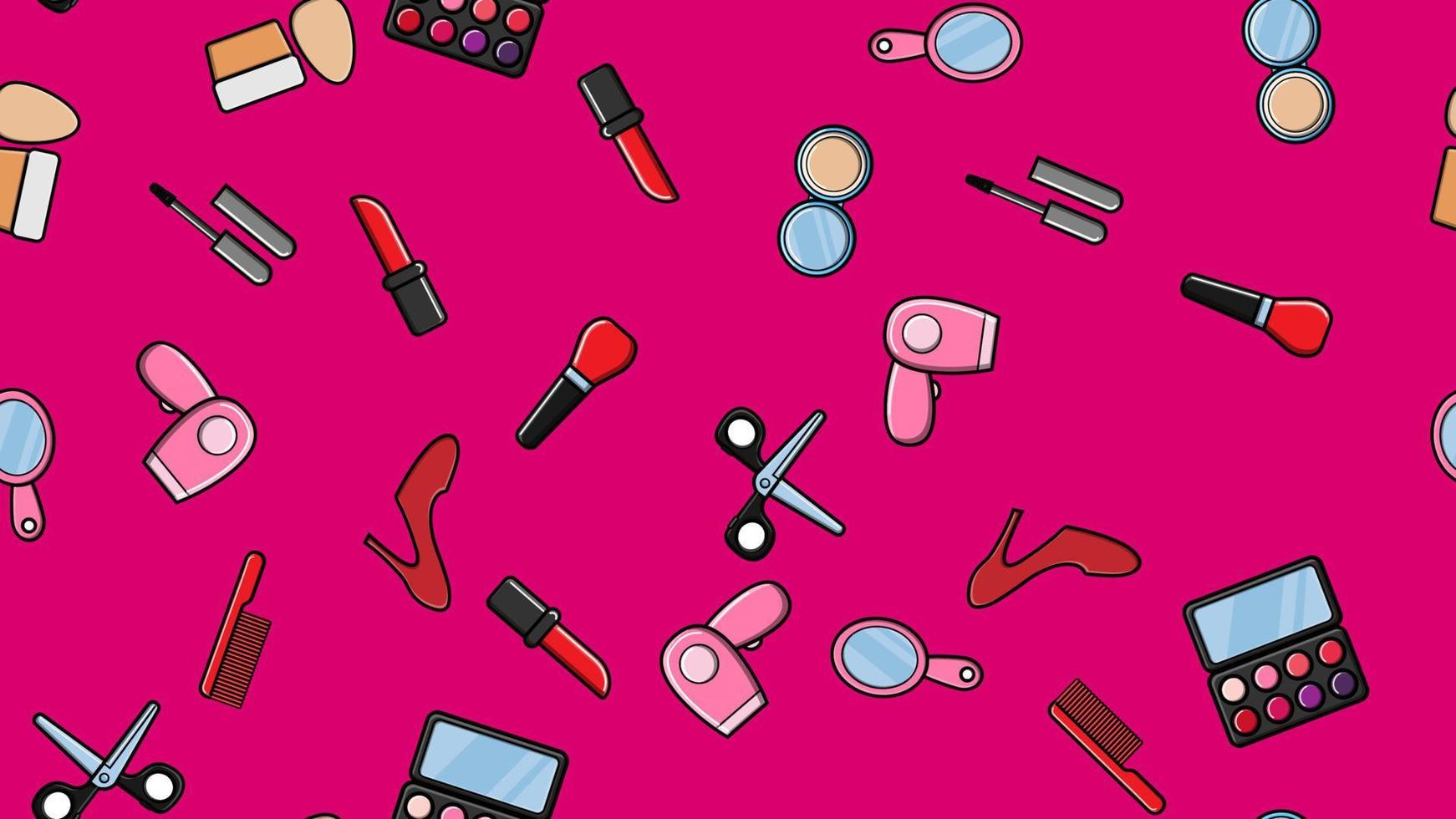 Endless seamless pattern of beautiful beauty items of female glamorous fashionable powders, lipsticks, varnishes, creams, cosmetics on a pink background. Vector illustration