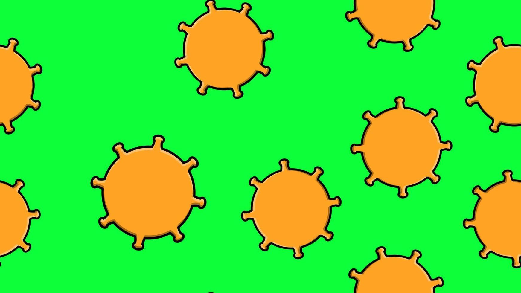 Endless seamless pattern of yellow dangerous infectious deadly respiratory coronaviruses pandemic epidemic, Covid-19 microbe viruses causing pneumonia on a green background vector