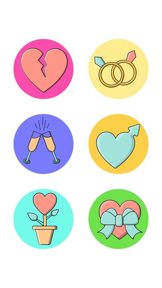 A set of six round icons for a contemporary with love holiday items a heart-broken gift with glasses of champagne rings and a flower on a white background. Vector illustration