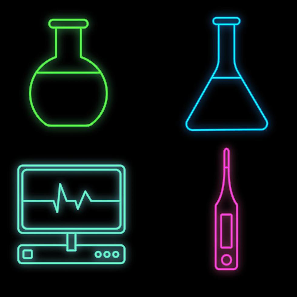 Set of bright glowing multicolored medical neon signs for a pharmacy or hospital store beautiful shiny science flask thermometer pulse on a black background. Vector illustration