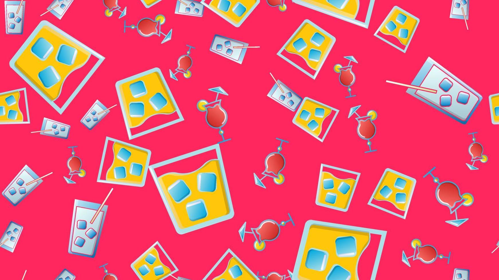 Endless seamless pattern of beautiful glass glasses with tasty alcoholic cocktails with ice and straws with lemons and beer for a party on a red background. Vector illustration