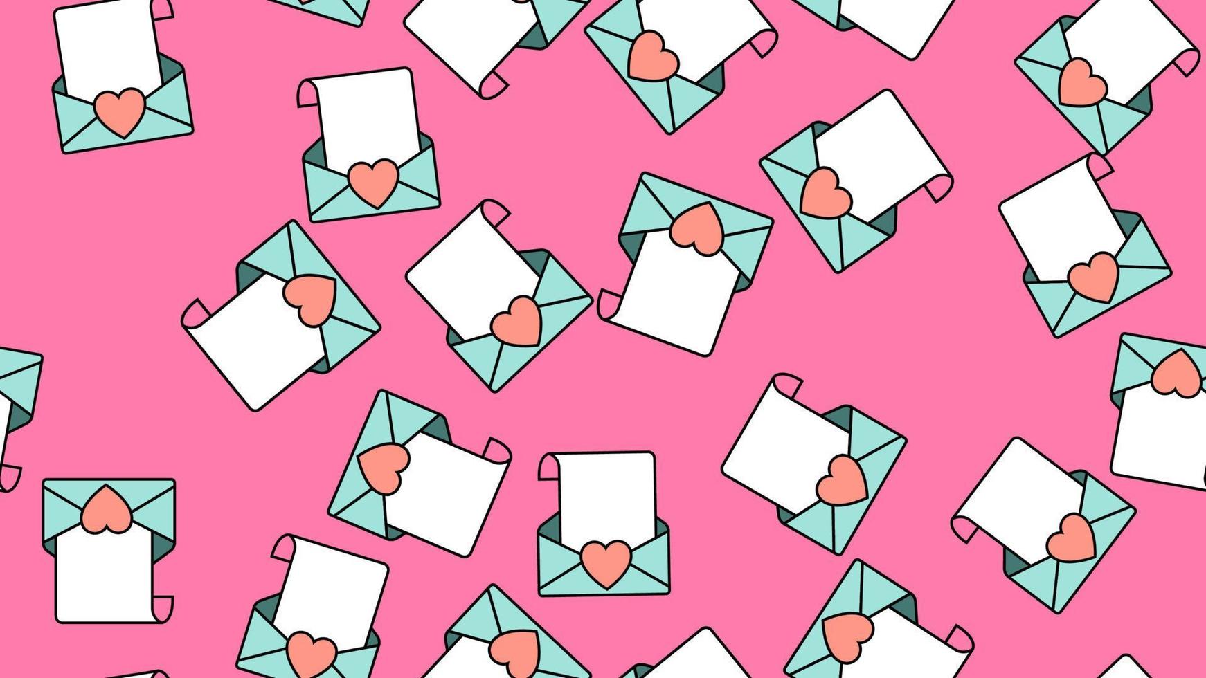 Texture seamless pattern of flat icons of mail envelopes with hearts, love items for the holiday of love Valentine's Day on February 14 or March 8 on a pink background. Vector illustration