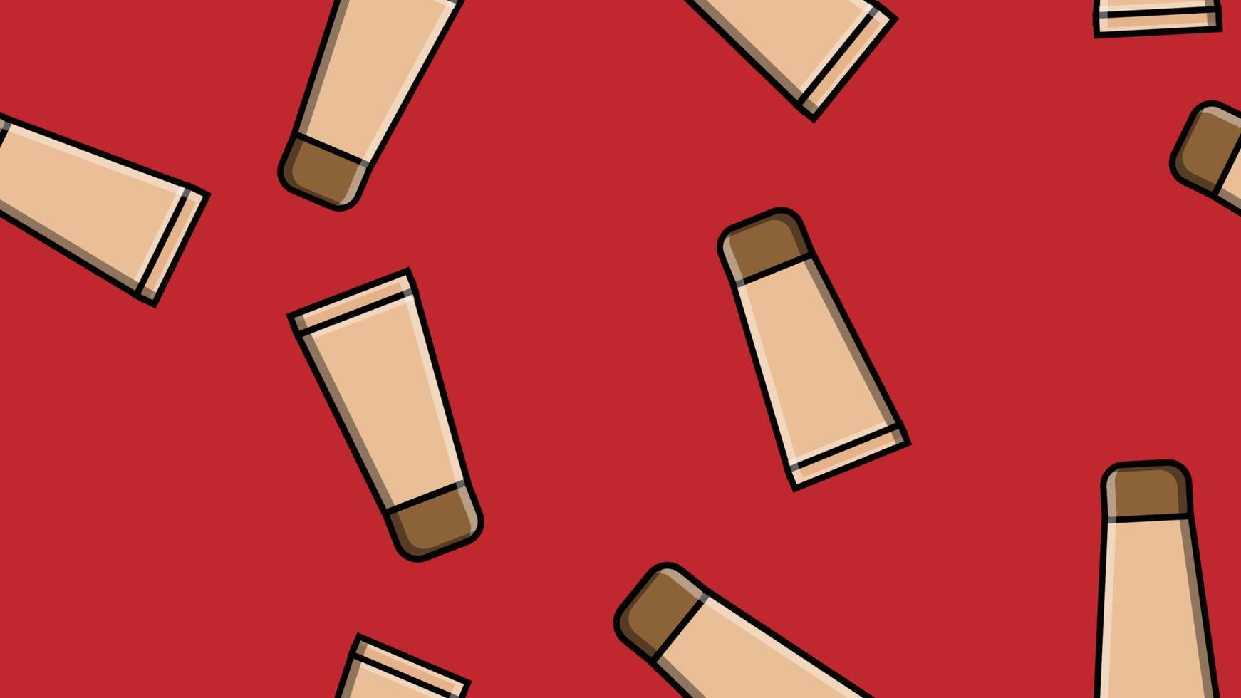 Endless seamless pattern of beautiful beauty items of female glamorous fashion tubes of makeup foundation on a red background. Vector illustration