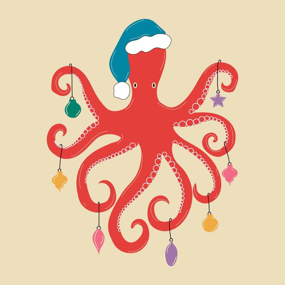 Octopus cartoon character. A Cute octopus in a Santa hat with Christmas decorations standing for Merry Christmas and Happy New Year invitation card. vector