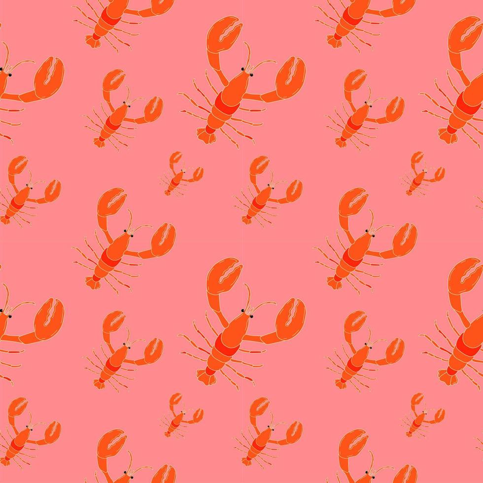 Square seamless pattern Hand drawn red Lobster. Seafood shop, restaurant menu, fish market, banner, fabric, textile print, poster design template. Fresh shellfish products. Trendy Vector illustration.