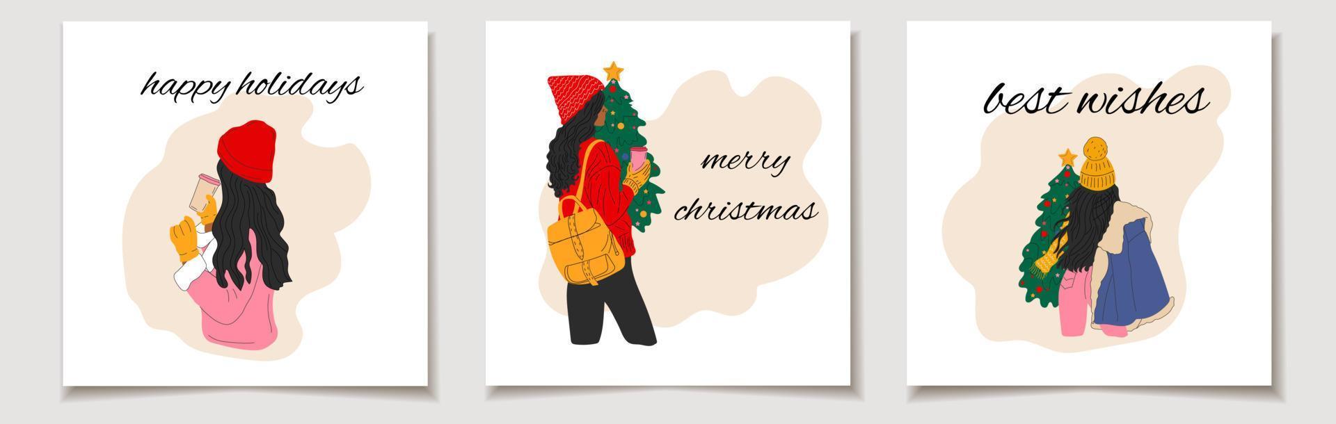 Christmas vector gift card or tag Set of three Girls that in a hat stands in front of a Christmas tree with a cup of coffee.  merry christmas lettering, best wishes