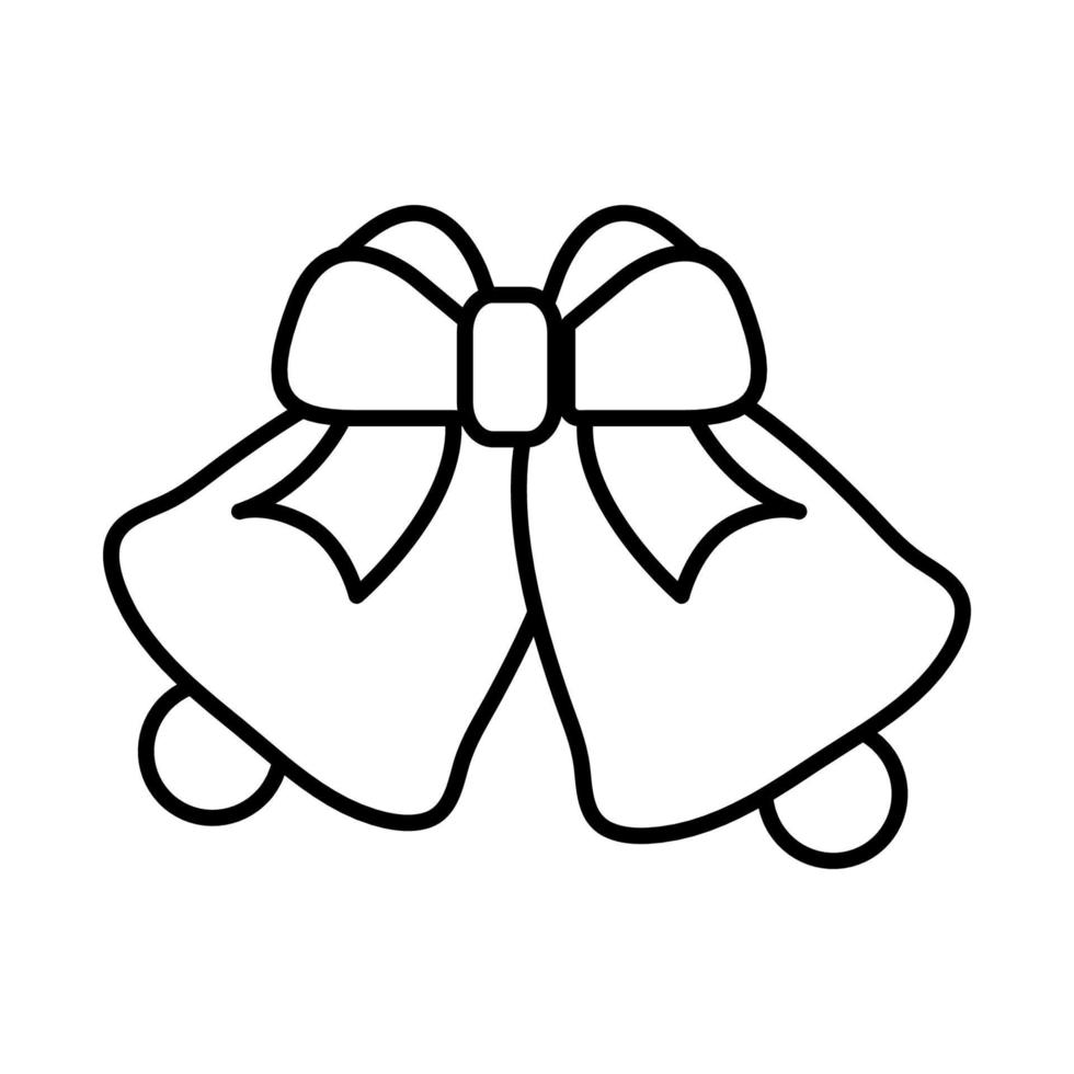 Black and white small simple linear icon of a beautiful festive New Year's Christmas bells decoration with a bow and a ribbon on a white background. Vector illustration