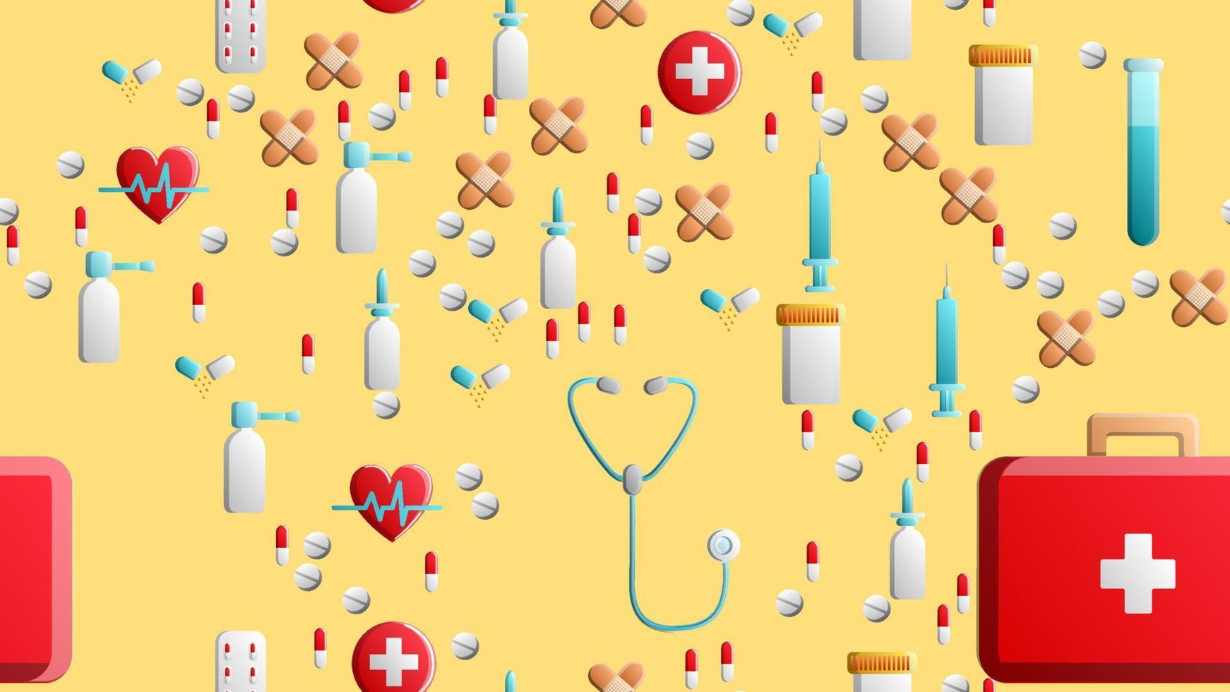 Endless seamless pattern of medical scientific medical items icons jars with pills capsules first aid kits and stethoscopes on a yellow background. Vector illustration
