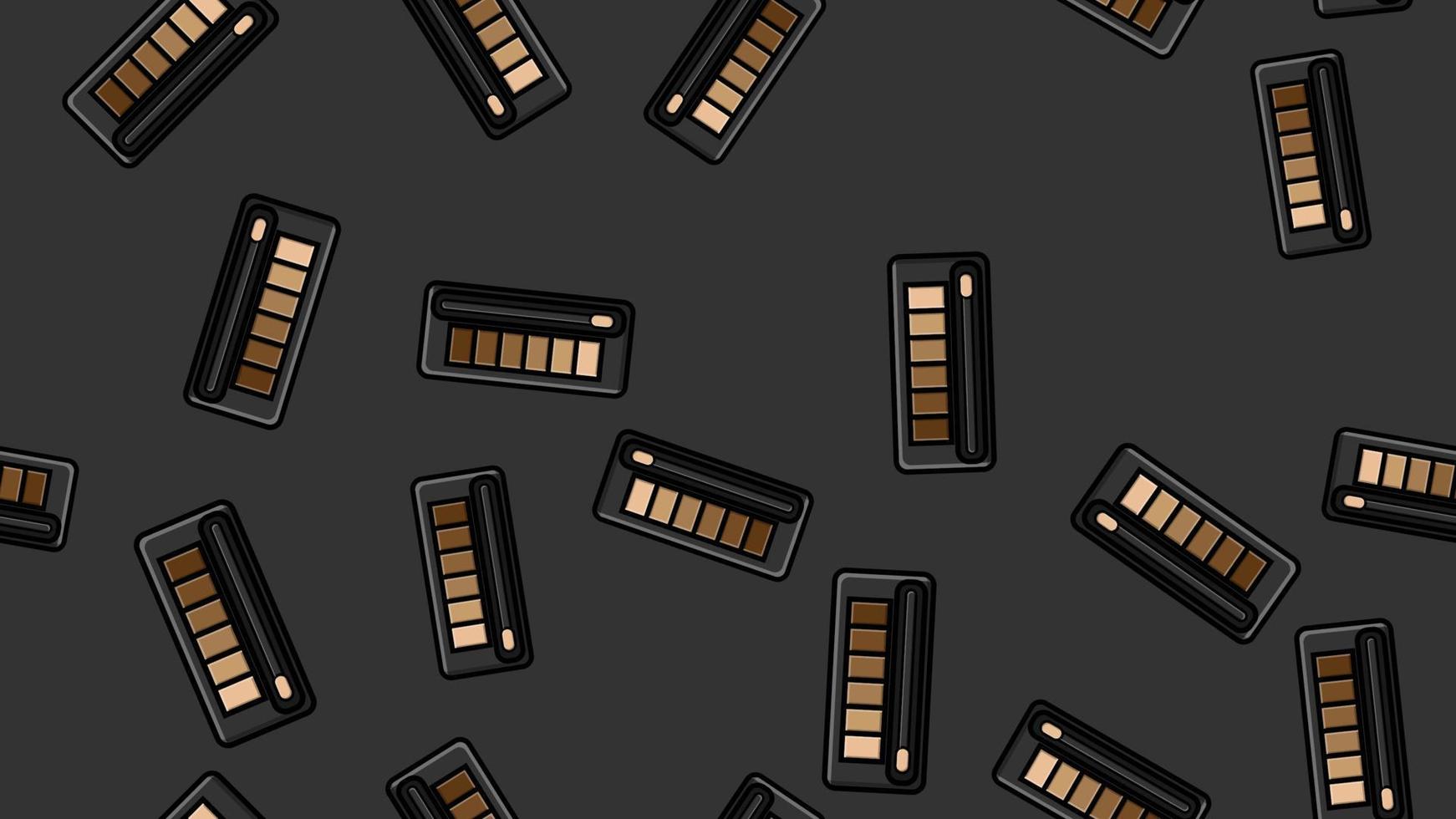 Endless seamless pattern of beautiful beauty cosmetic items of female fashionable powder boxes with shadows for applying makeup on a black background. Vector illustration