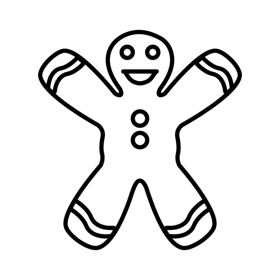 Black and white small simple linear icon of a beautiful festive New Year Christmas gingerbread, ginger man, cookies in the shape of a man isolated on a white background. Vector illustration