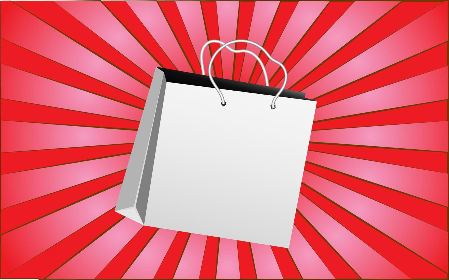 Paper white bag for shopping on a background of abstract red rays. Vector illustration