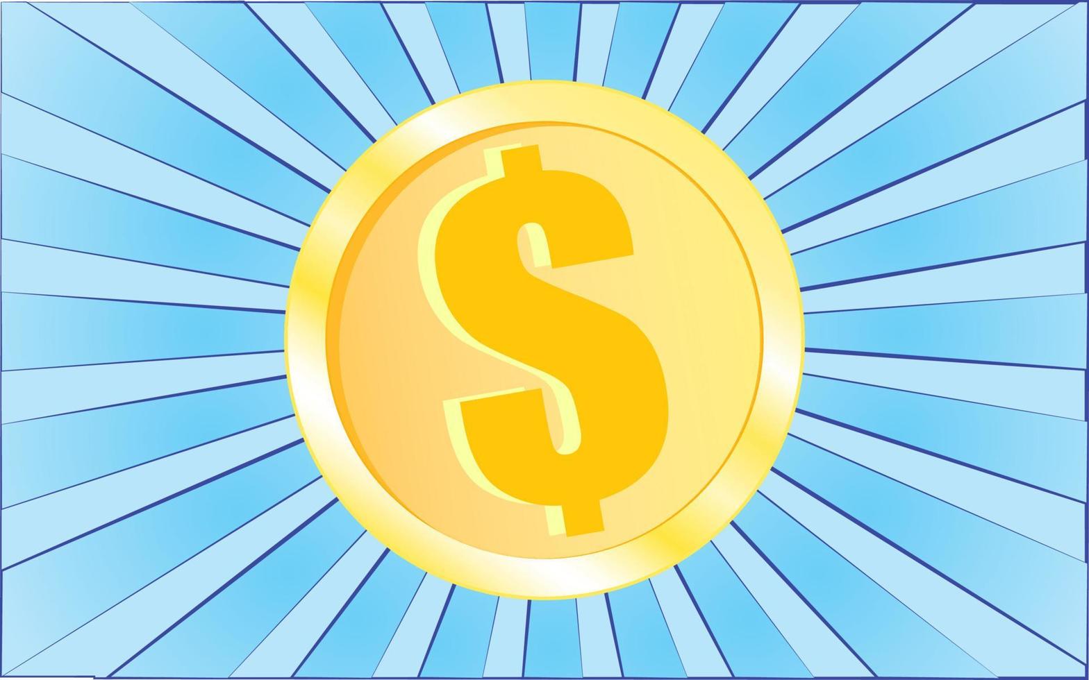 Golden round big dollar money coin on abstract blue rays background. Vector illustration