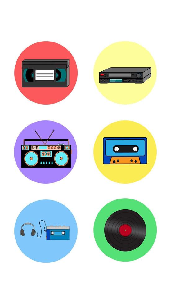 A set of six round icons for the current old antique retro electronics technology video recorder and cassette music center audio player and vinyl record on a white background. Vector illustration