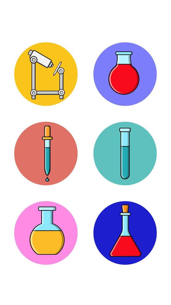 conjunto de seis iconos redondos para tópicos con temas médicos farmacológicos microscopio matraz pipeta sobre un fondo blanco. ilustración vectorial vector