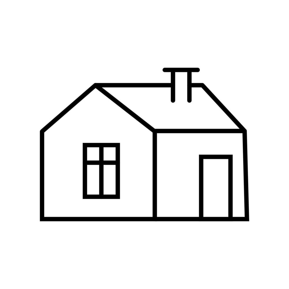 Black and white small simple linear icon of a beautiful festive New Year Christmas little house with a chimney and a sloping roof on a white background. Vector illustration