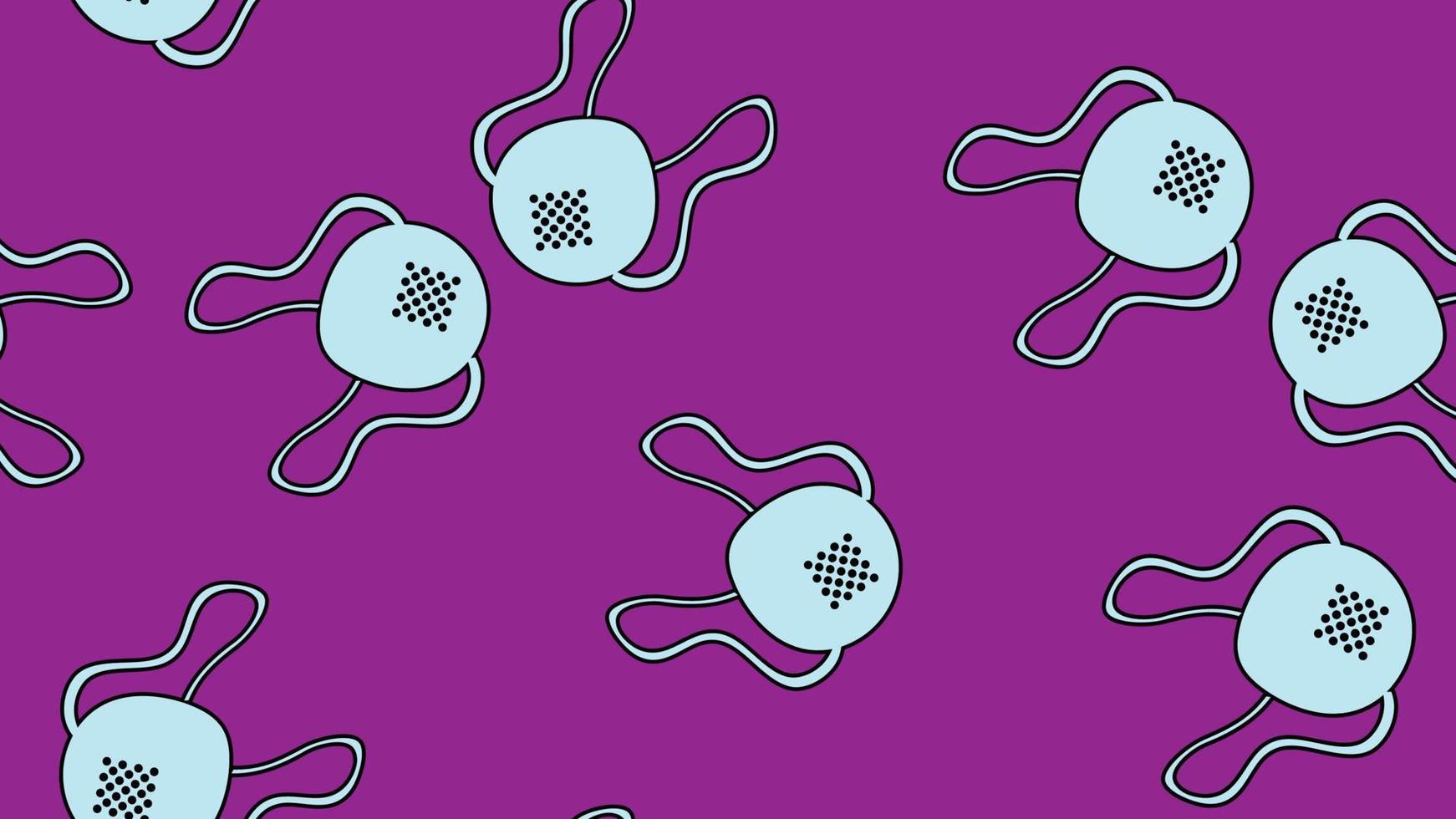 Endless seamless pattern with medical disposable masks and respiratory masks for protection against the deadly coronavirus pandemic pandemic, Covid-19 virus germs on a purple background vector