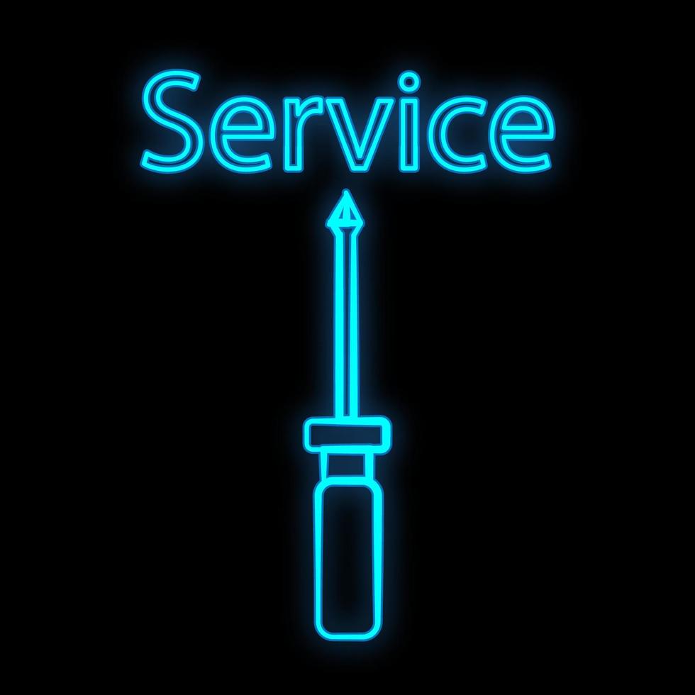 Bright luminous blue industrial digital neon sign for shop workshop service center beautiful shiny with a screwdriver for repair on a black background. Vector illustration