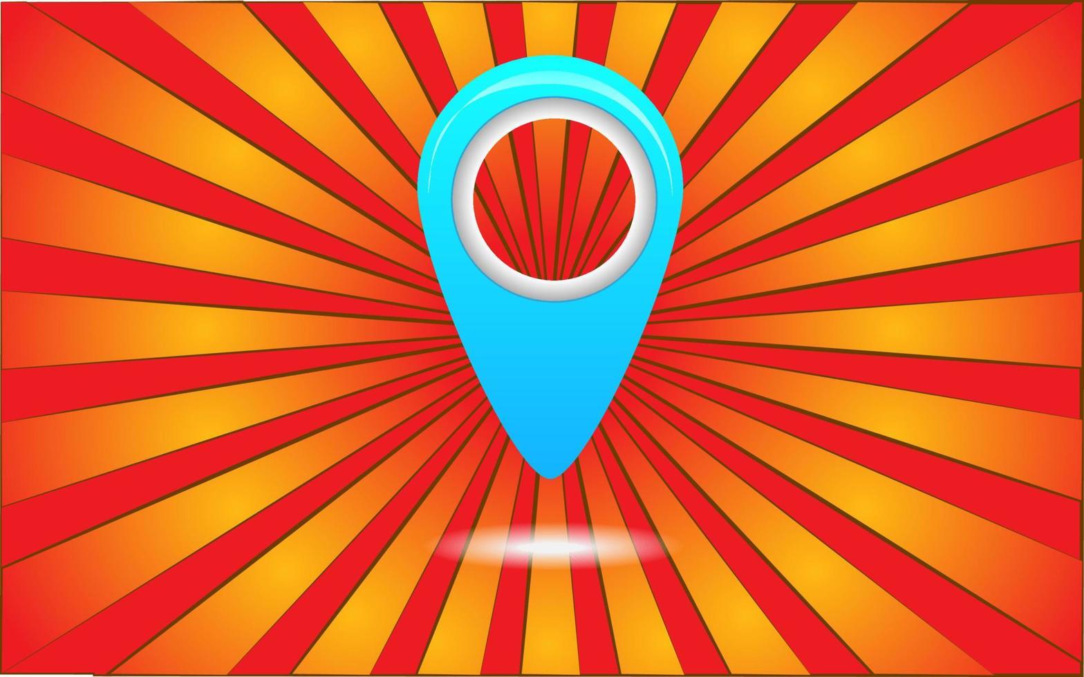 Big blue geolocation label on a background of abstract red rays. Vector illustration