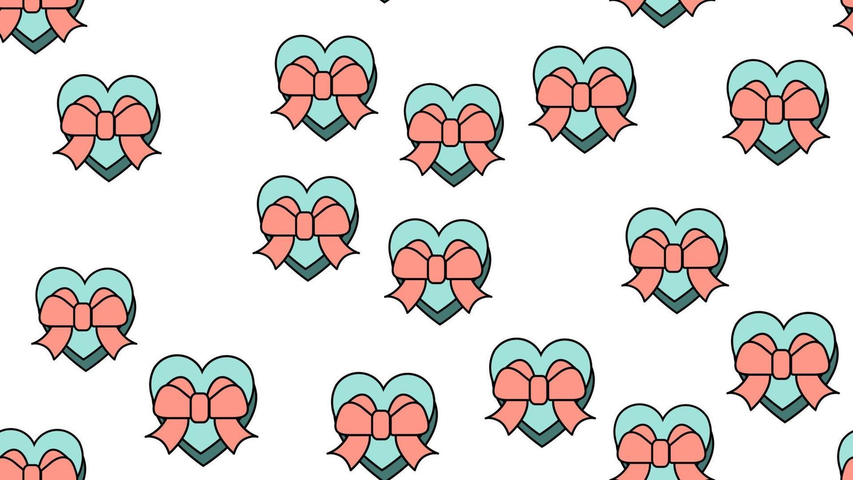 patrón de textura sin fisuras de iconos planos de cajas en forma de corazones con arcos, artículos de amor para la festividad del día de san valentín el 14 de febrero o el 8 de marzo sobre un fondo blanco vector