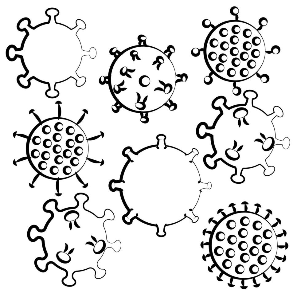 Set of black and white icons of medical viruses microbes dangerous deadly strain covid 019 coronavirus epidemic pandemic disease. Vector illustration