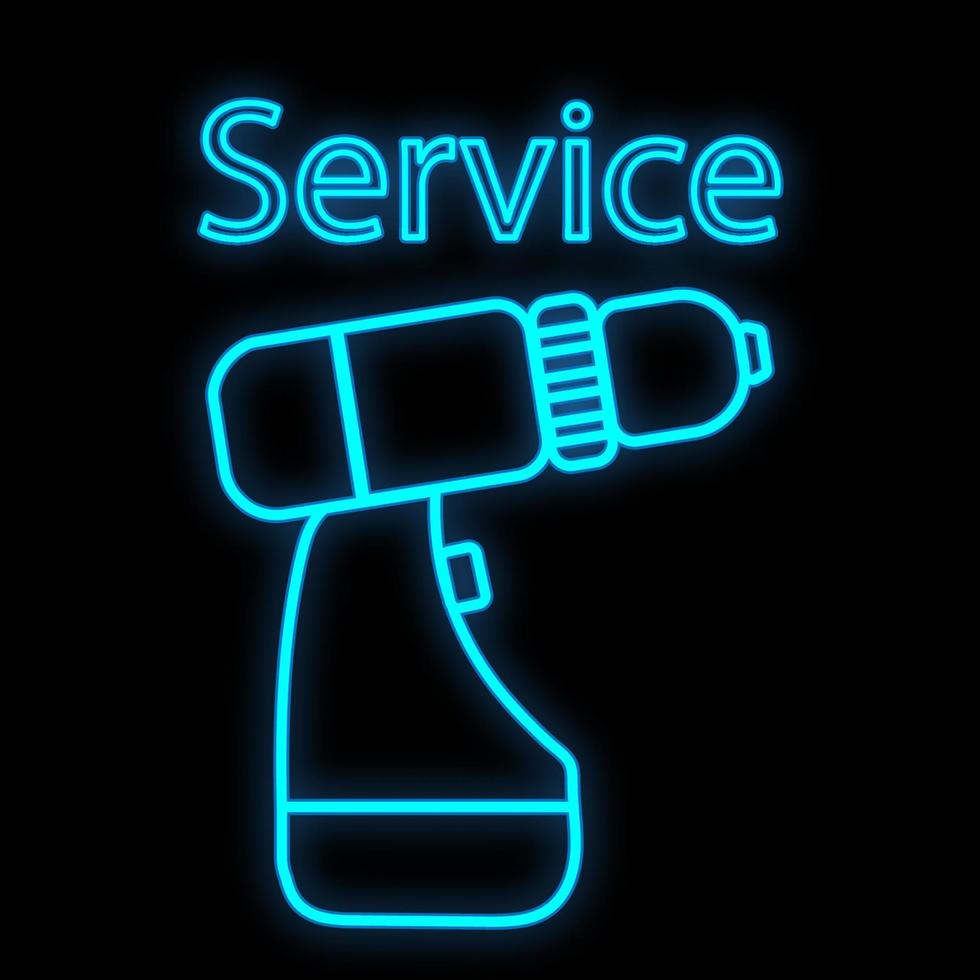 Bright luminous blue industrial digital neon sign for shop workshop service center beautiful shiny with an electric screwdriver for repair on a black background. Vector illustration