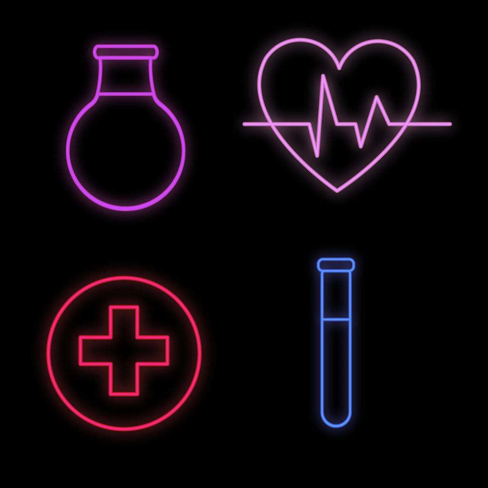 Set of bright luminous multi-colored medical neon signs for a pharmacy or hospital store beautiful shiny scientific paper heart flask cross on a black background. Vector illustration