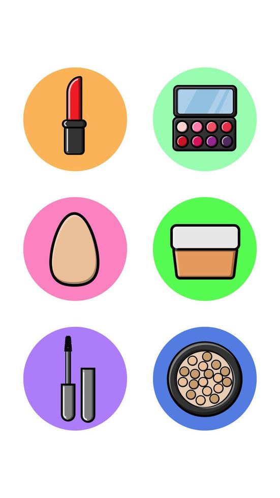 Set of six round icons for trendy with fashion items from the beauty industry lipstick powder box powder sponge cream and mascara on a white background. Vector illustration