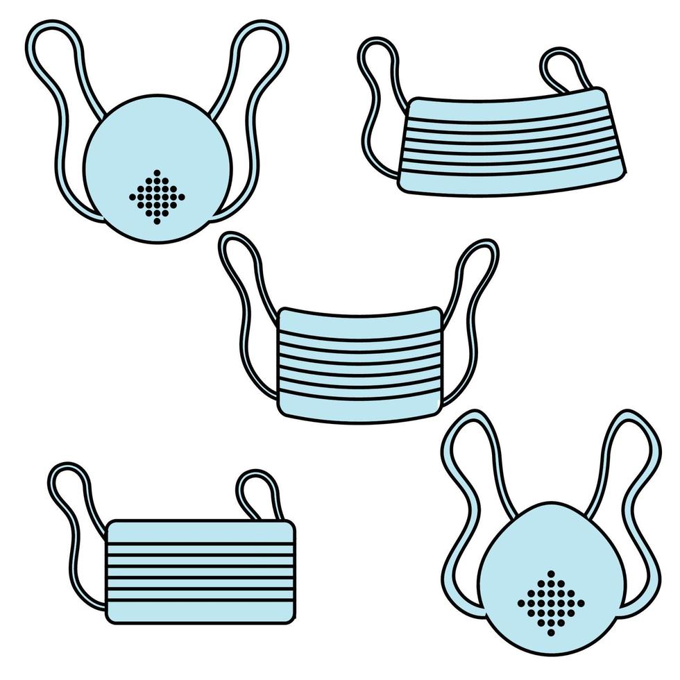 A set of blue icons of protective gauze paper medical disposable masks for respirators of the dangerous virus strain Covid-19 coronavirus epidemic pandemic disease. Vector illustration